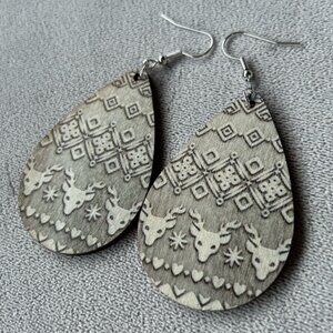 Wood Teardrop Earrings ~ Winter Design with Deer ~ Brand New
